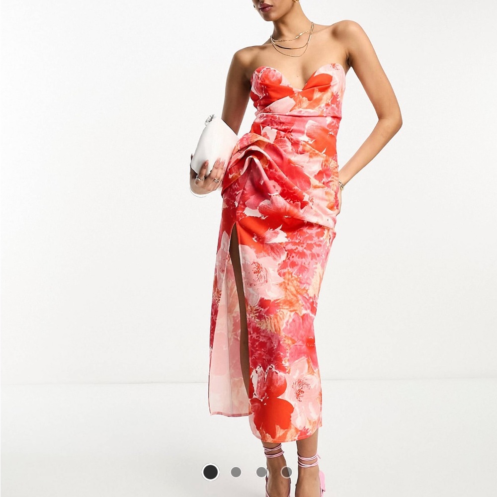 Pink Strapless Floral MIDI Dress